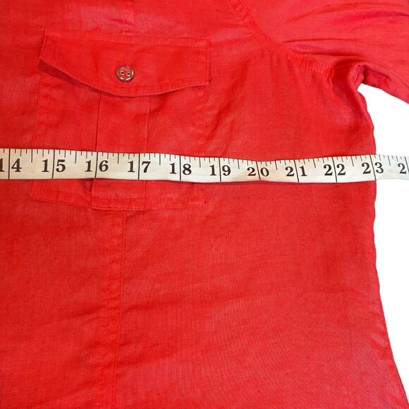 Chico's Top Linen Button Up Women's Size 3 (XL) Calypso Coral Sleeve Roll Tabs - Picture 6 of 7